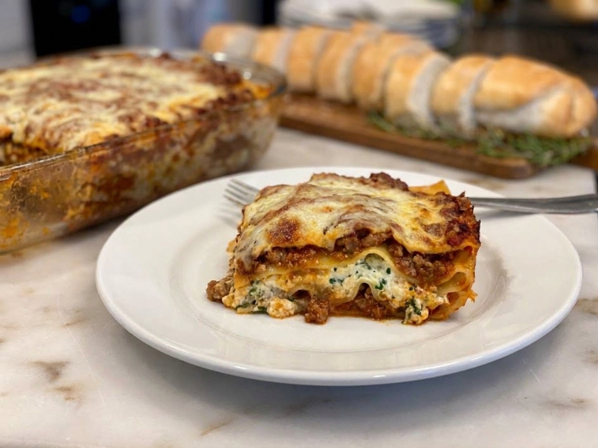A plated slice of ricotta lasagna with visible layers of noodles, meat sauce, ricotta, and melted mozzarella on a white plate at a dining table