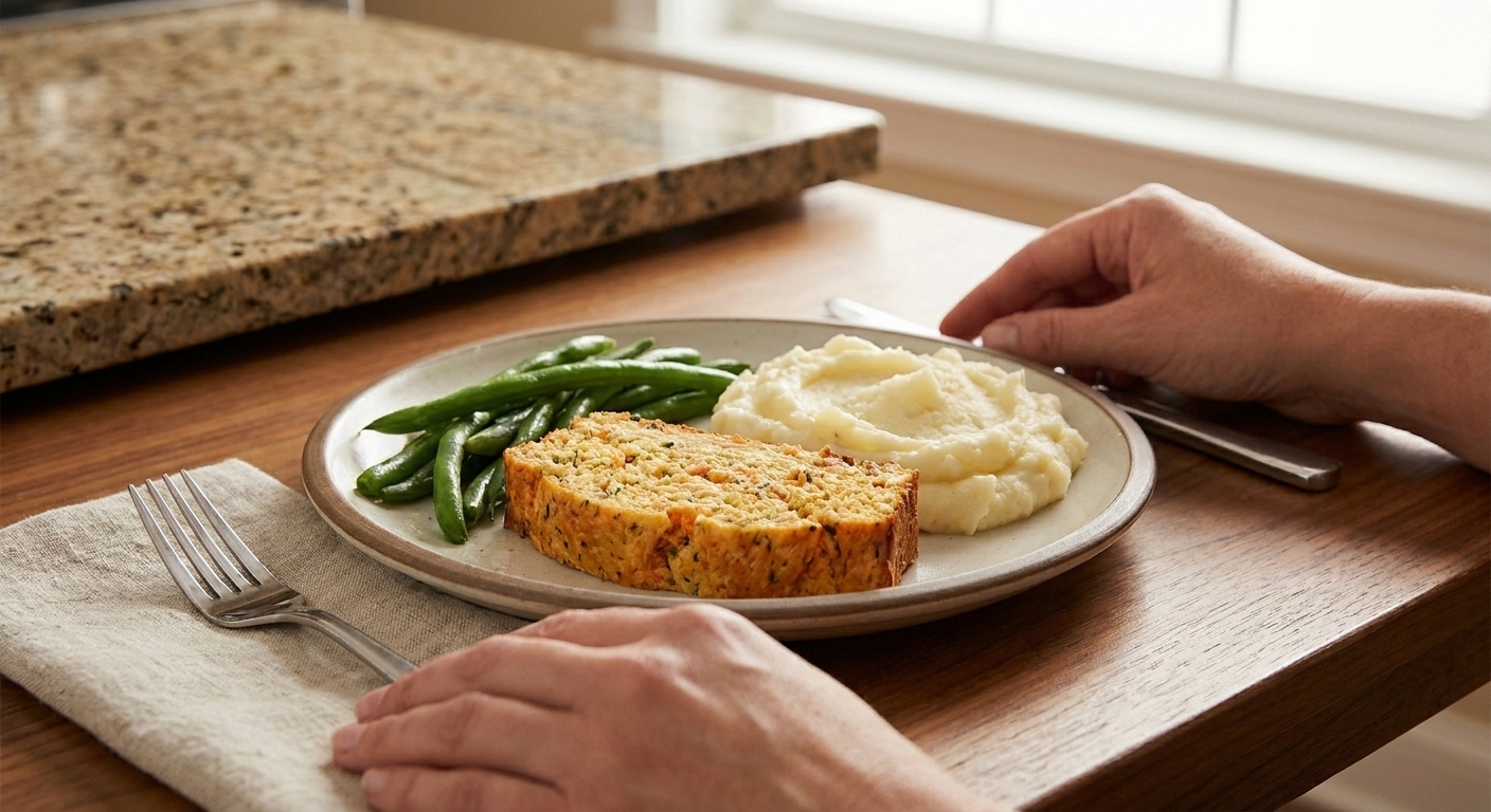 A plated slice of salmon loaf with mashed potatoes and green beans on a dinner table with simple place settings