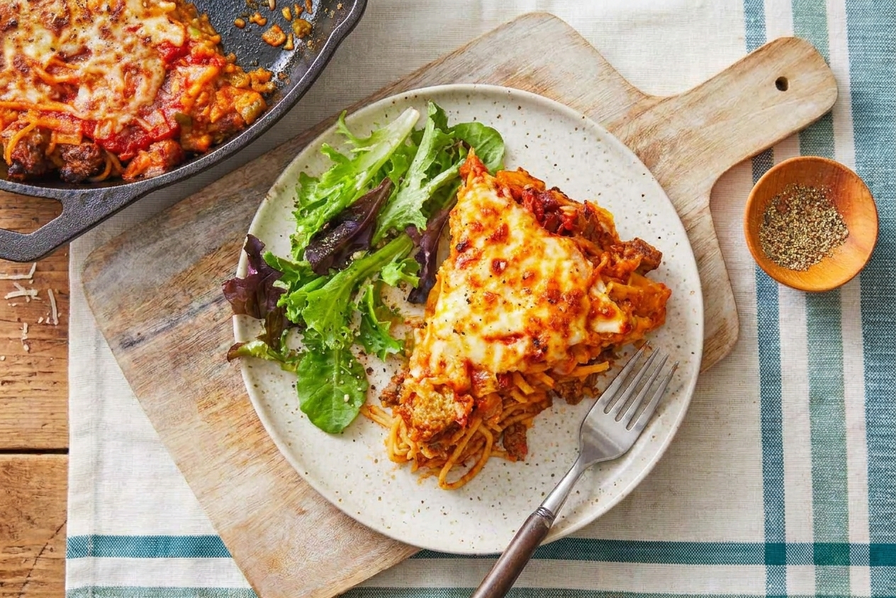 A plated slice of spaghetti pie with melted mozzarella and meat sauce, served with a simple green salad on the side