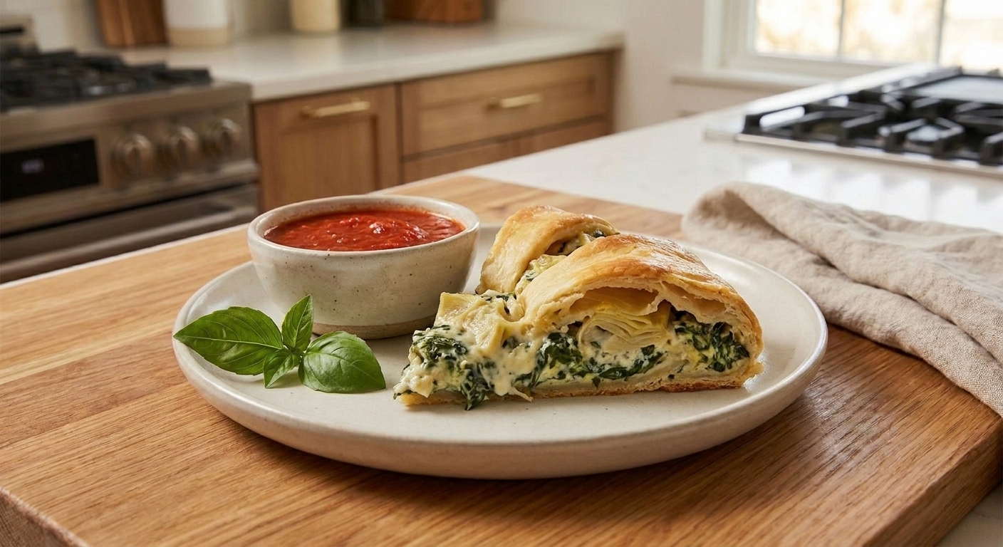 A plated slice of spinach artichoke crescent ring showing creamy filling and flaky layers, served beside a small bowl of marinara on a simple dinner table
