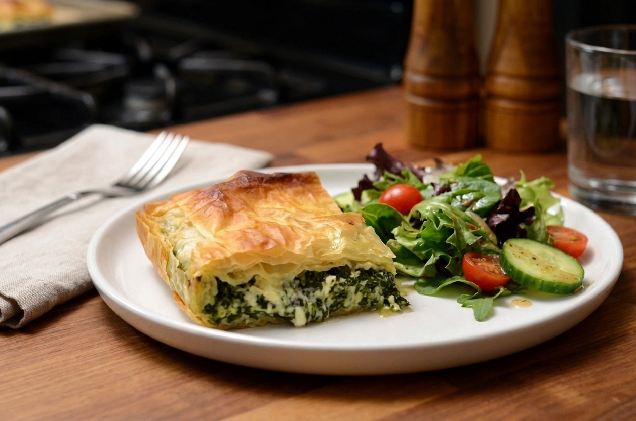 A plated slice of spinach pie with crisp phyllo layers and creamy spinach feta filling next to a small green salad on a dinner table