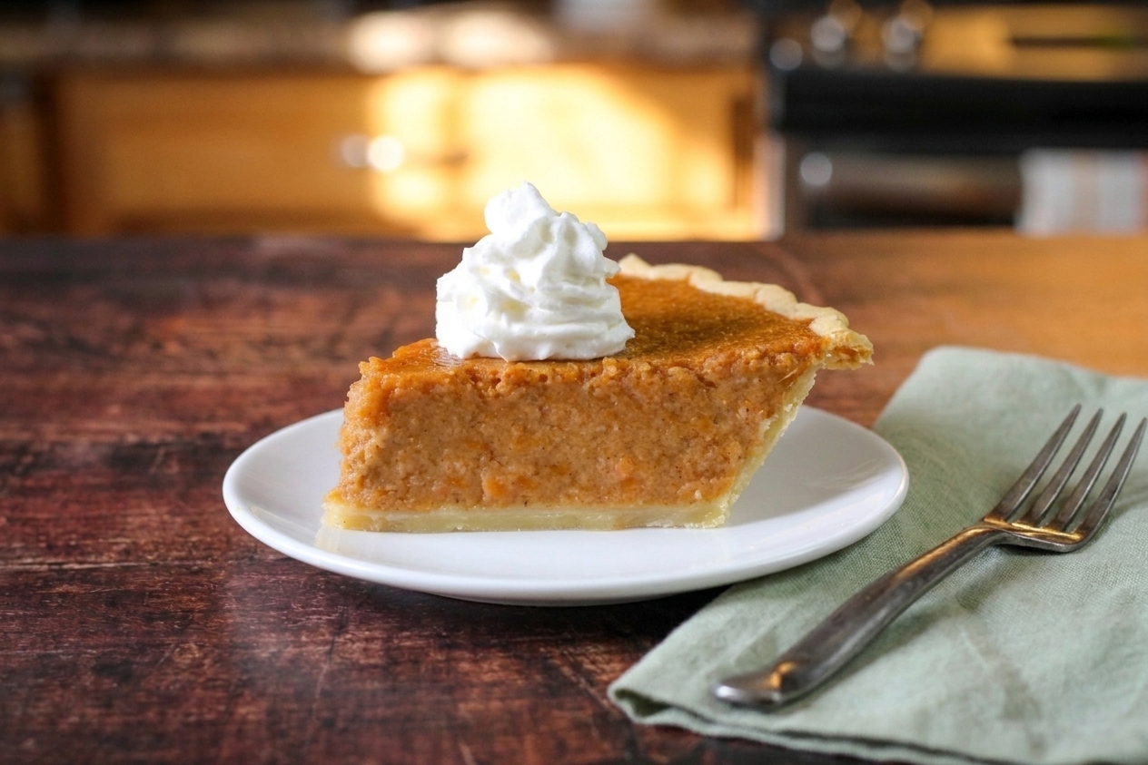 A plated slice of sweet potato pie topped with a dollop of whipped cream on a wooden table setting with a fork