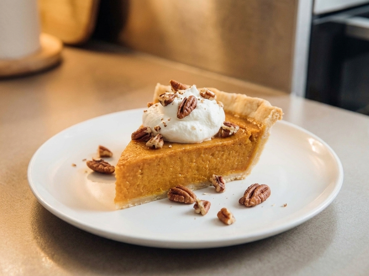 A plated slice of sweet potato pie topped with whipped cream and toasted pecans on a simple white plate