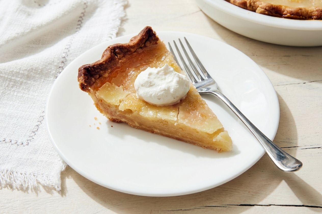 A plated slice of water pie topped with a small dollop of whipped cream on a simple table setting with a fork