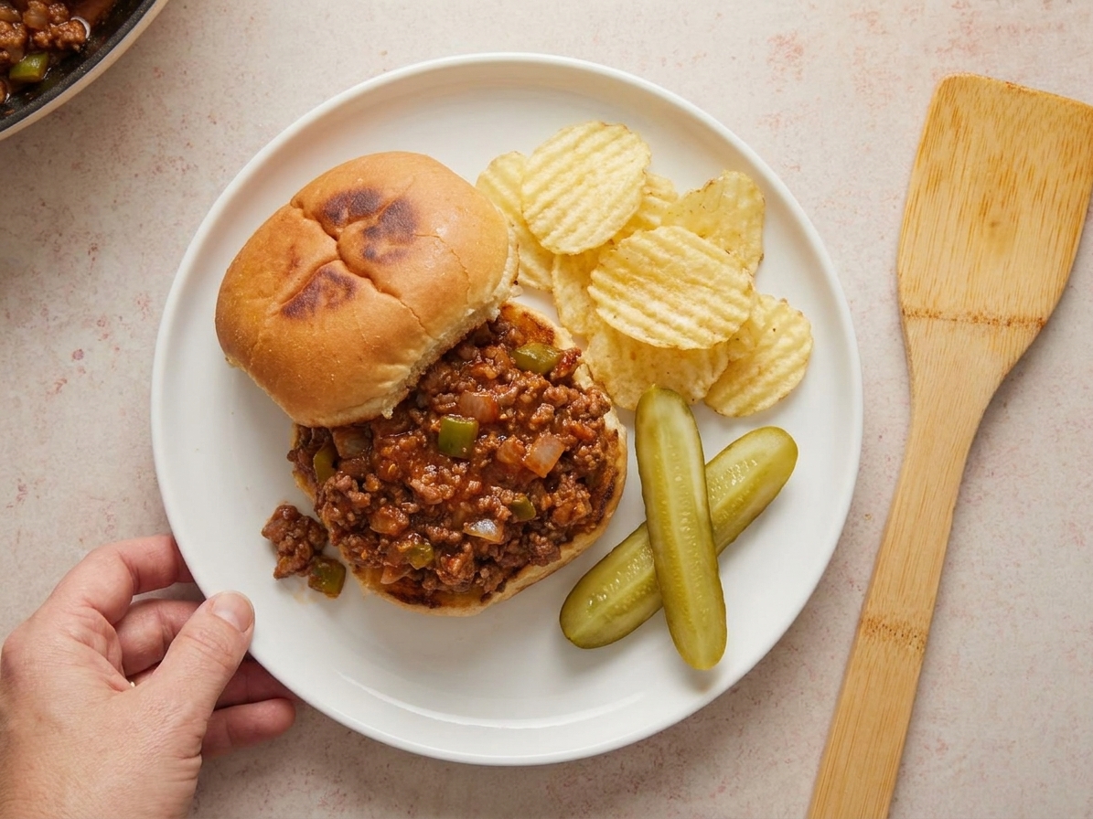 A plated sloppy joe on a toasted bun with pickle spears and potato chips on the side