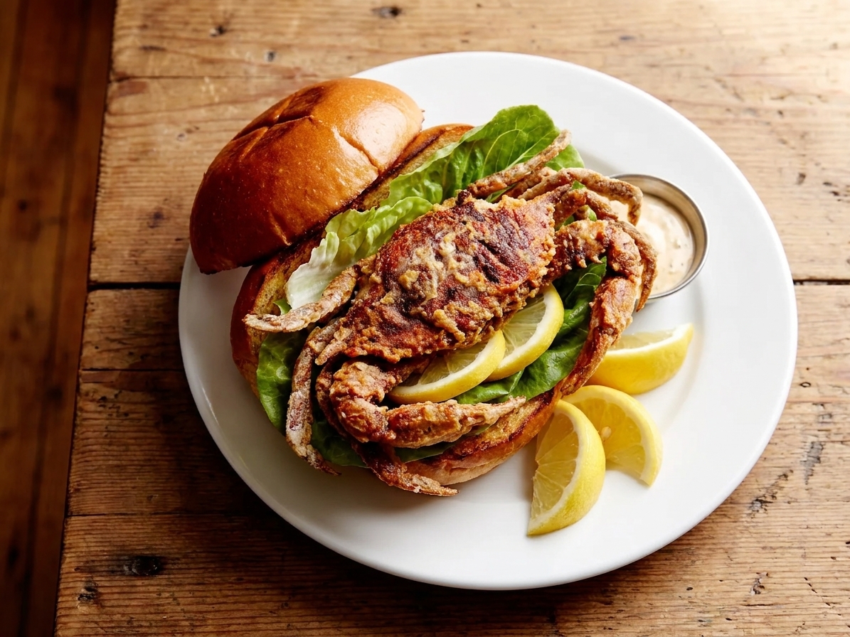 A plated soft shell crab sandwich on a toasted brioche bun with lettuce and lemon wedges on a wooden table