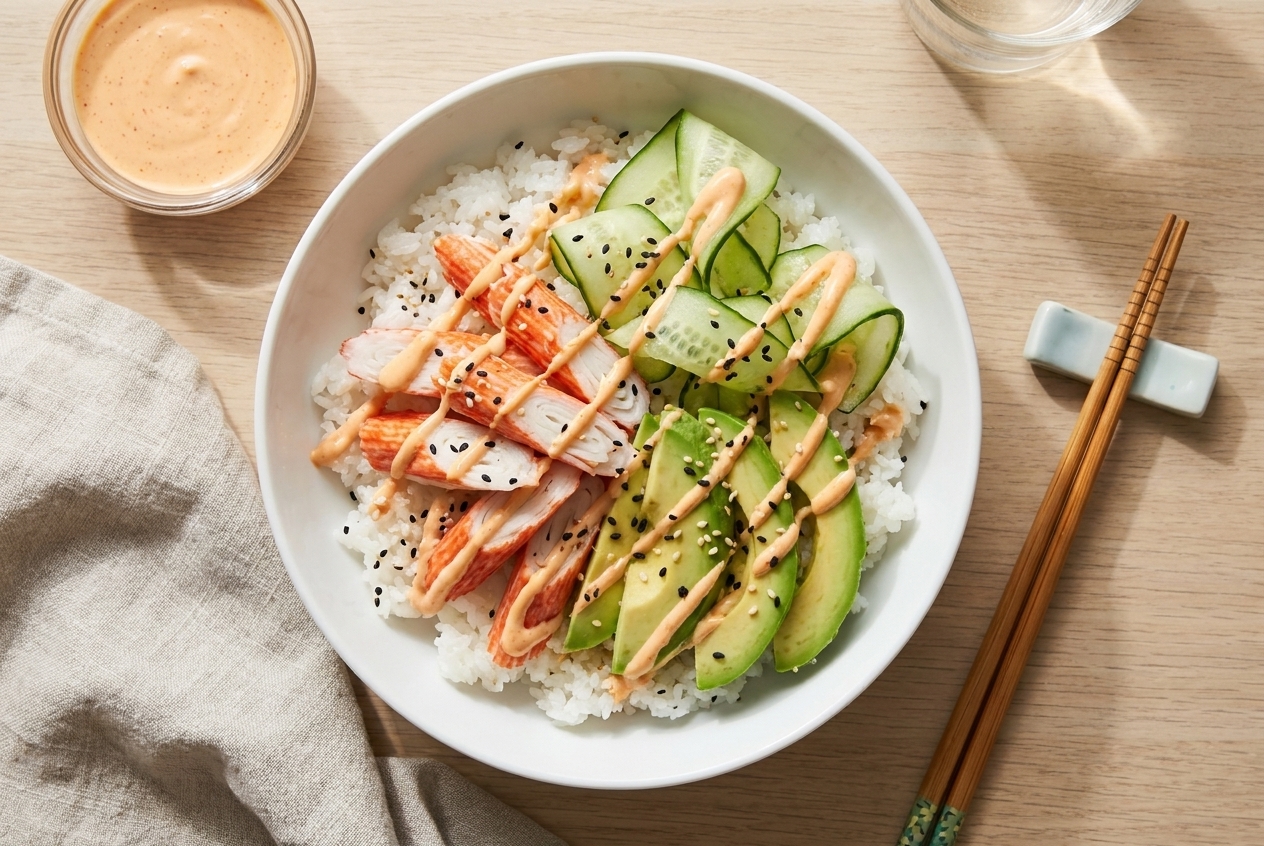 A plated spicy imitation crab sushi bowl with white rice, cucumber ribbons, avocado slices, sesame seeds, and spicy mayo drizzle on a light kitchen table