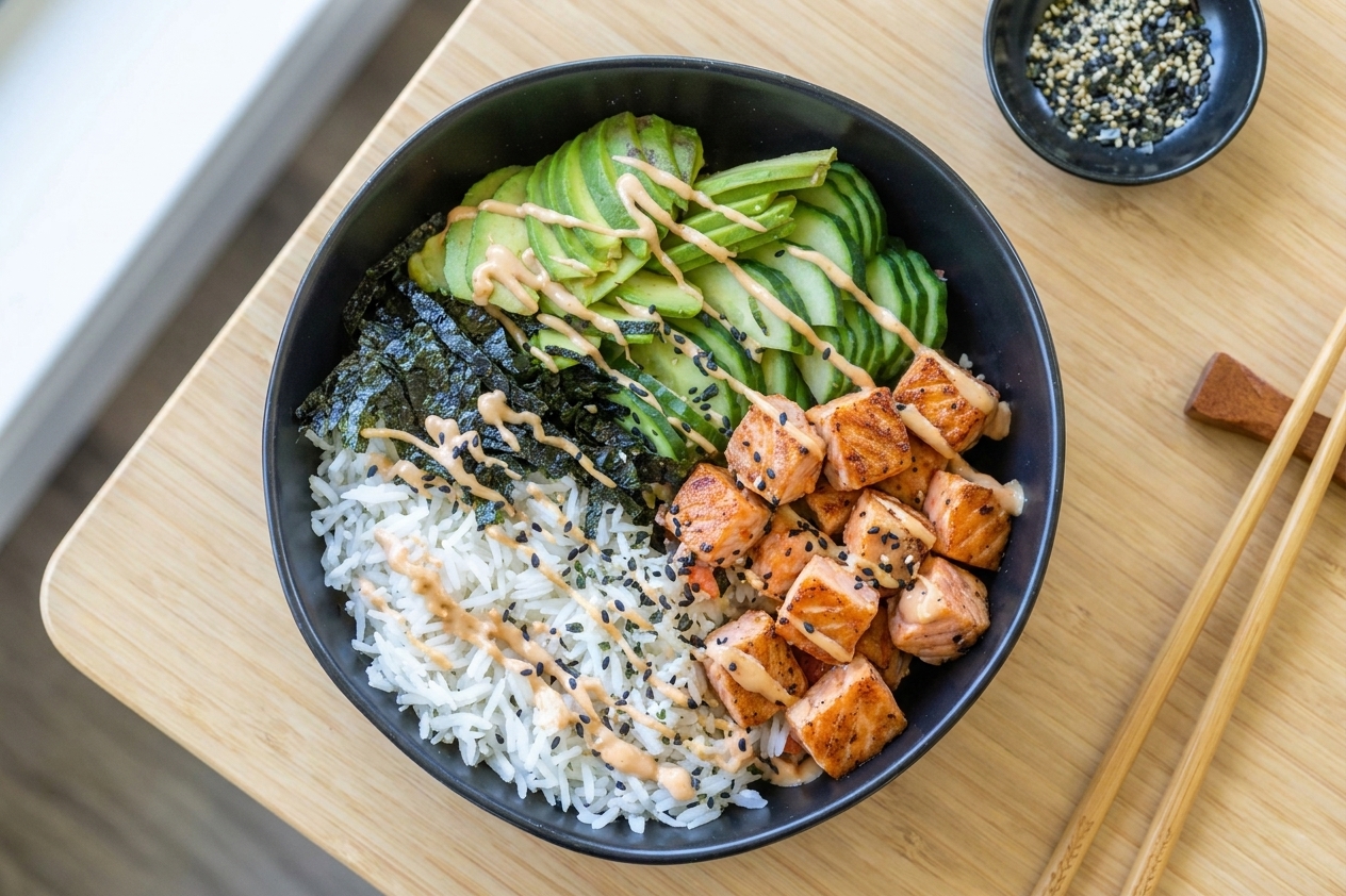 A plated spicy salmon sushi bowl with seasoned rice, seared salmon pieces, sliced cucumber, avocado, spicy mayo drizzle, sesame seeds, and torn nori on a light wood table in natural window light