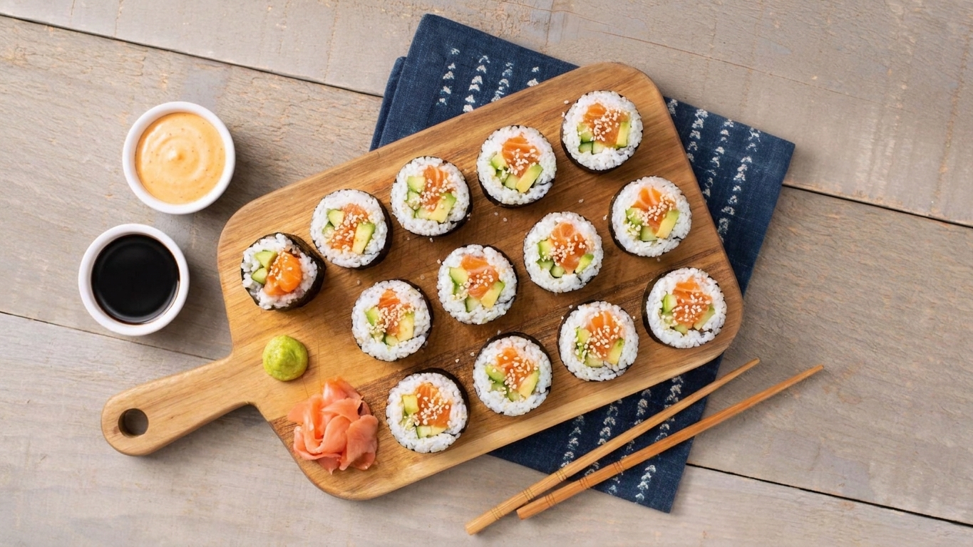 A plated spicy salmon sushi roll sliced into neat rounds, topped with sesame seeds, with soy sauce, pickled ginger, and chopsticks on a warm kitchen table