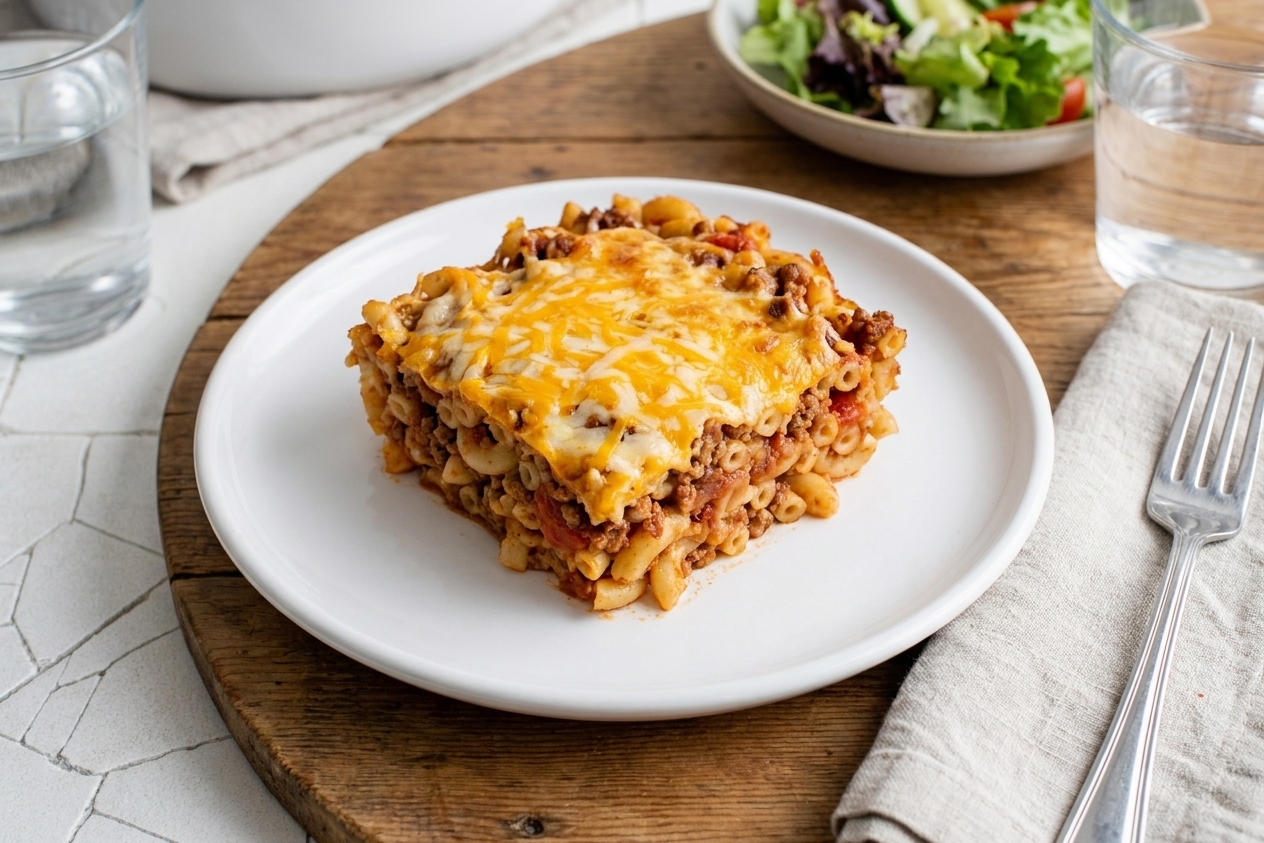 A plated square of Johnny Marzetti casserole with a browned cheese top and visible pasta and meat sauce on a white plate at a dinner table