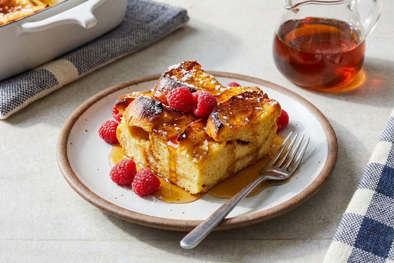 A plated square of baked French toast topped with berries and maple syrup on a simple breakfast table setting