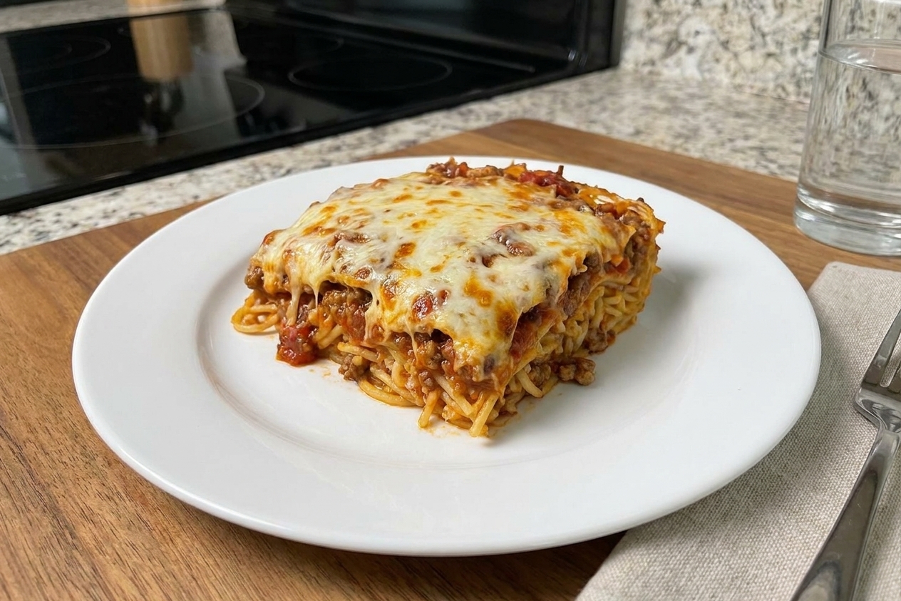 A plated square of baked spaghetti with melted cheese and meat sauce, served on a simple dinner plate at a kitchen table