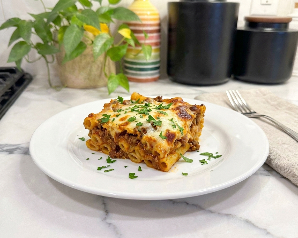 A plated square of baked ziti with meat sauce and melted cheese, topped with parsley, on a simple dinner table setting