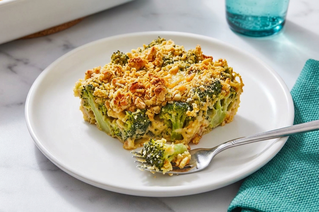 A plated square of broccoli cheese casserole with a crunchy golden topping on a white plate, with a fork on a simple dinner table setting