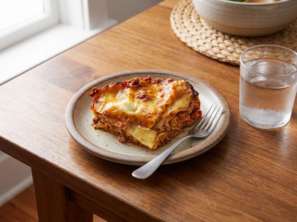 A plated square of lasagna with melted cheese on top, served on a simple dinner table with a glass of water and a fork