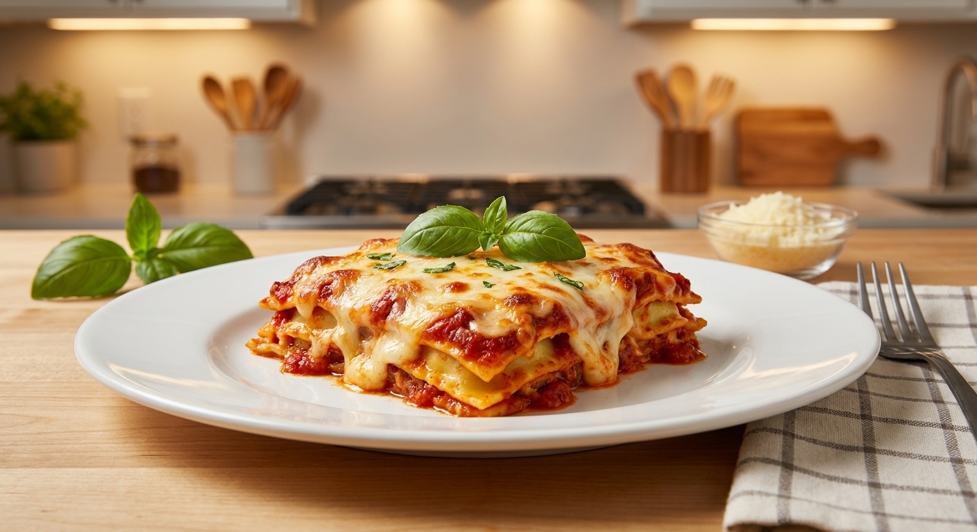 A plated square of lazy ravioli lasagna with melted cheese and marinara, garnished with basil on a simple dinner plate at a table setting