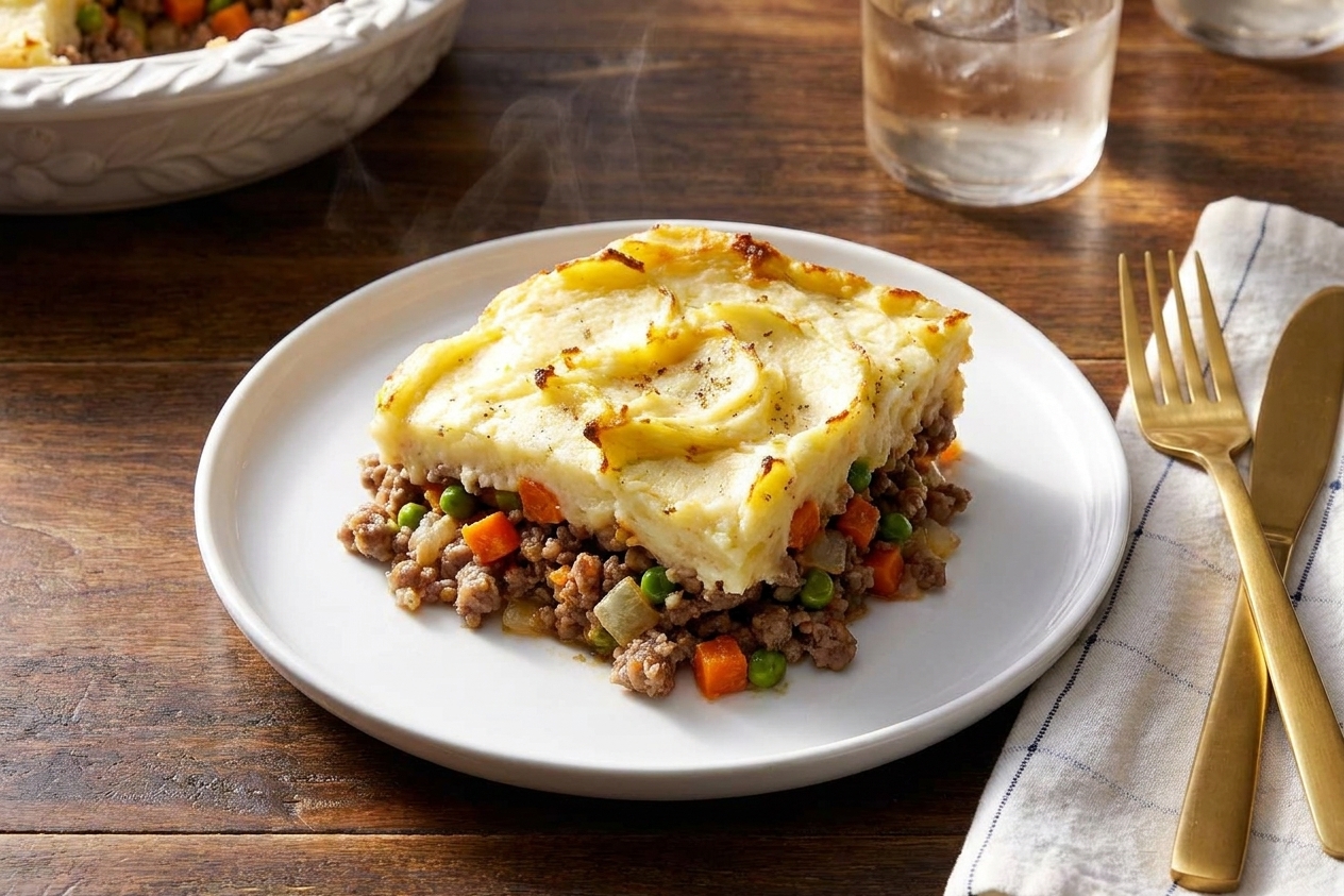A plated square of shepherd’s pie with browned mashed potato top and savory meat filling, served on a white plate at the table
