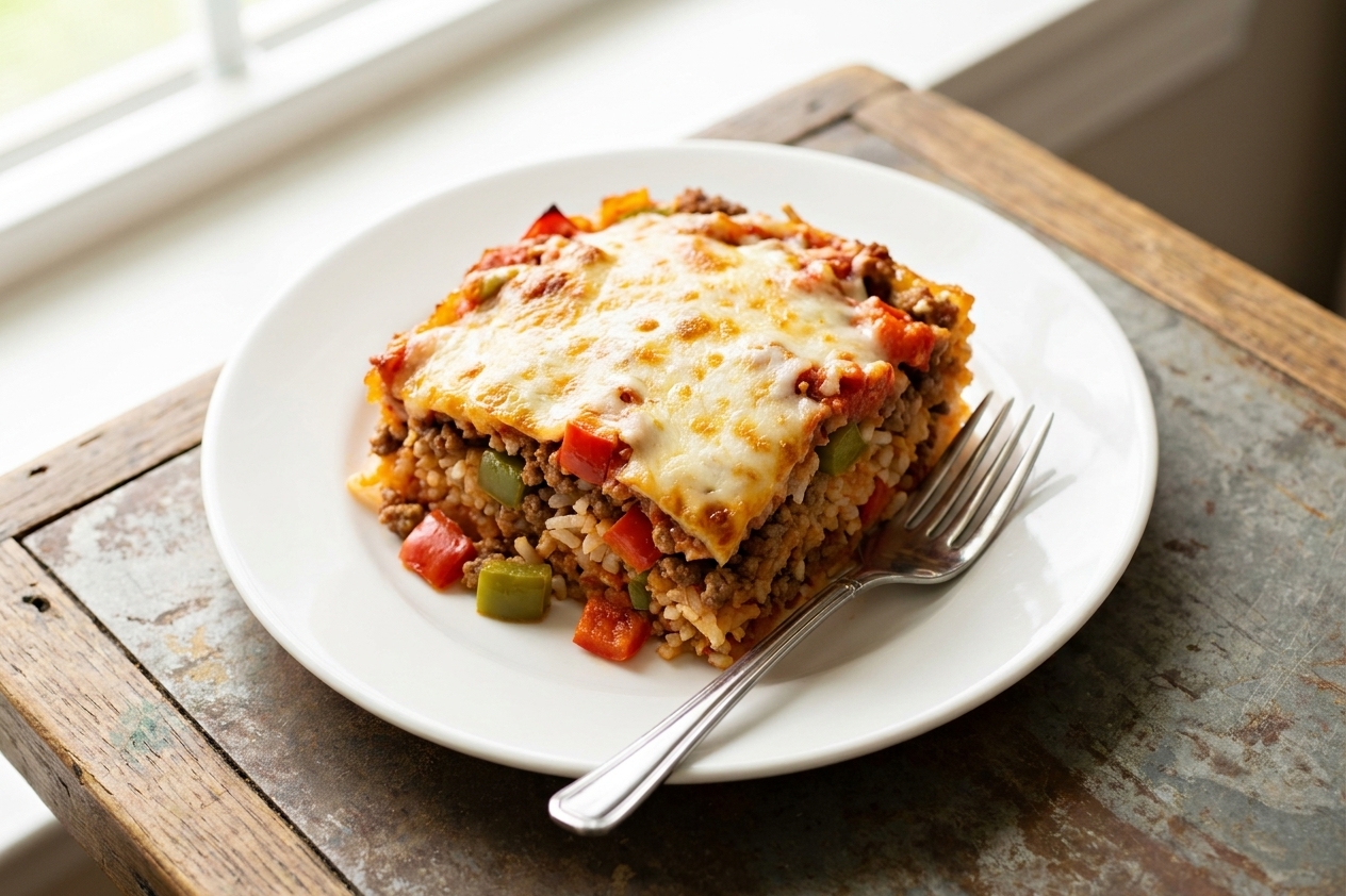 A plated square of stuffed pepper casserole with melted cheese on top, served on a simple white plate with a fork on a wooden table