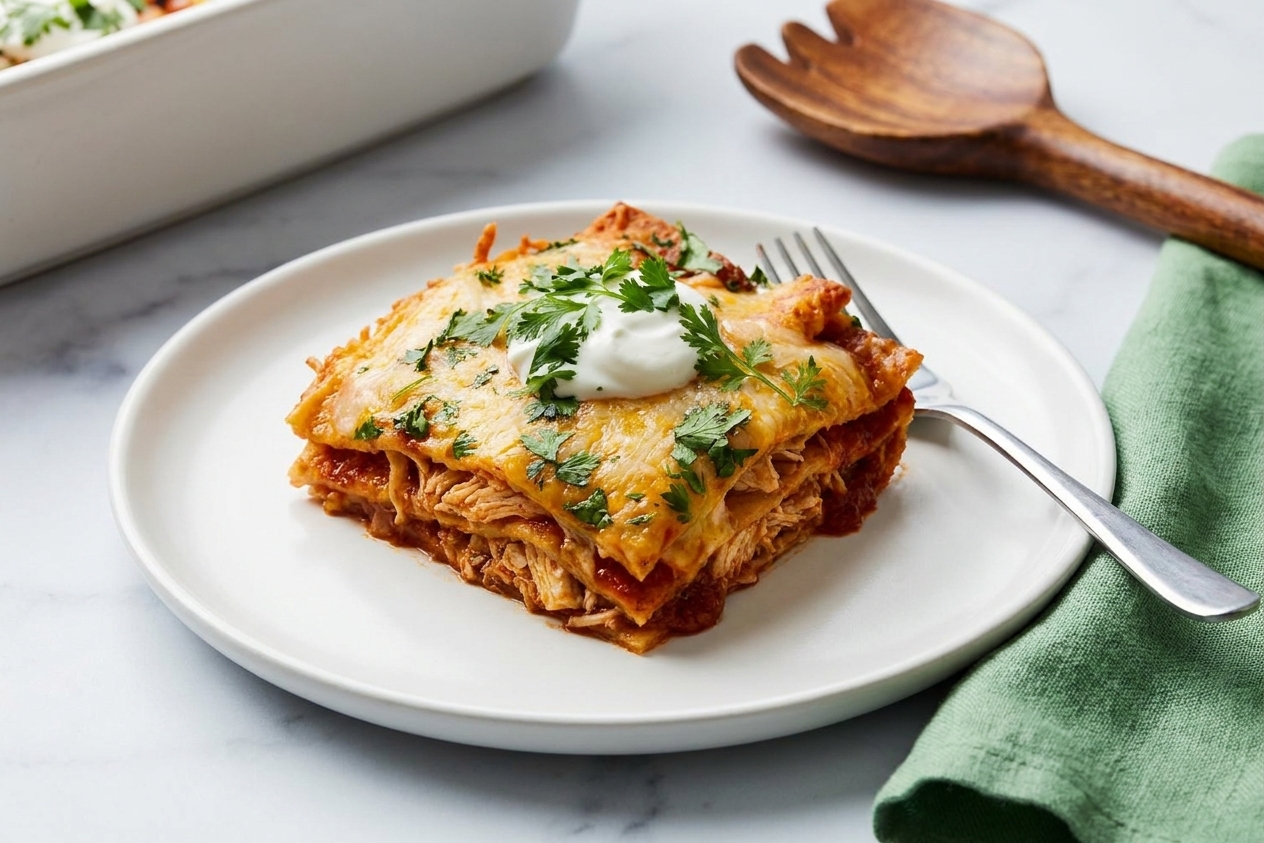 A plated square slice of chicken enchilada casserole with melted cheese, red sauce, and cilantro on a simple dinner plate with a fork on the side