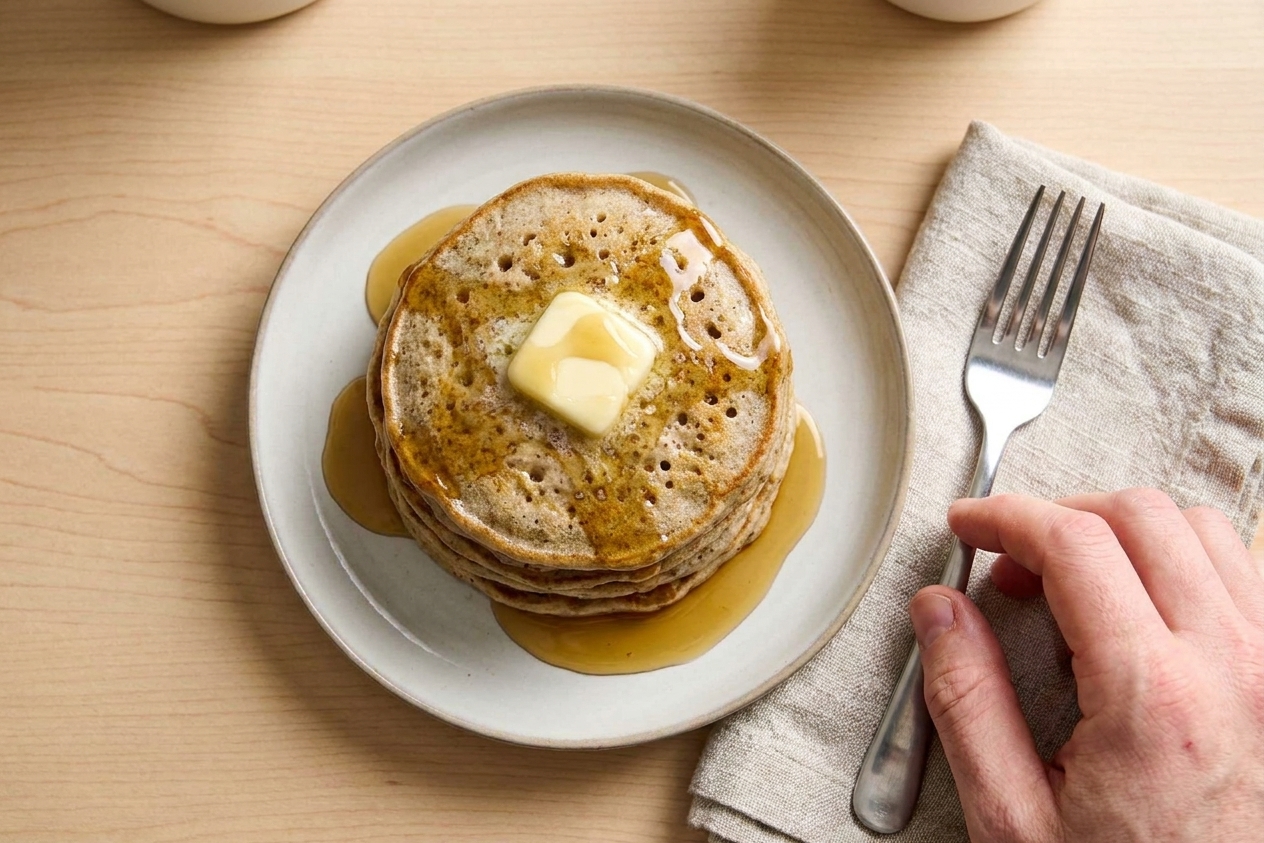 A plated stack of buckwheat pancakes with melting butter and maple syrup on a simple breakfast table setting with forks and a linen napkin