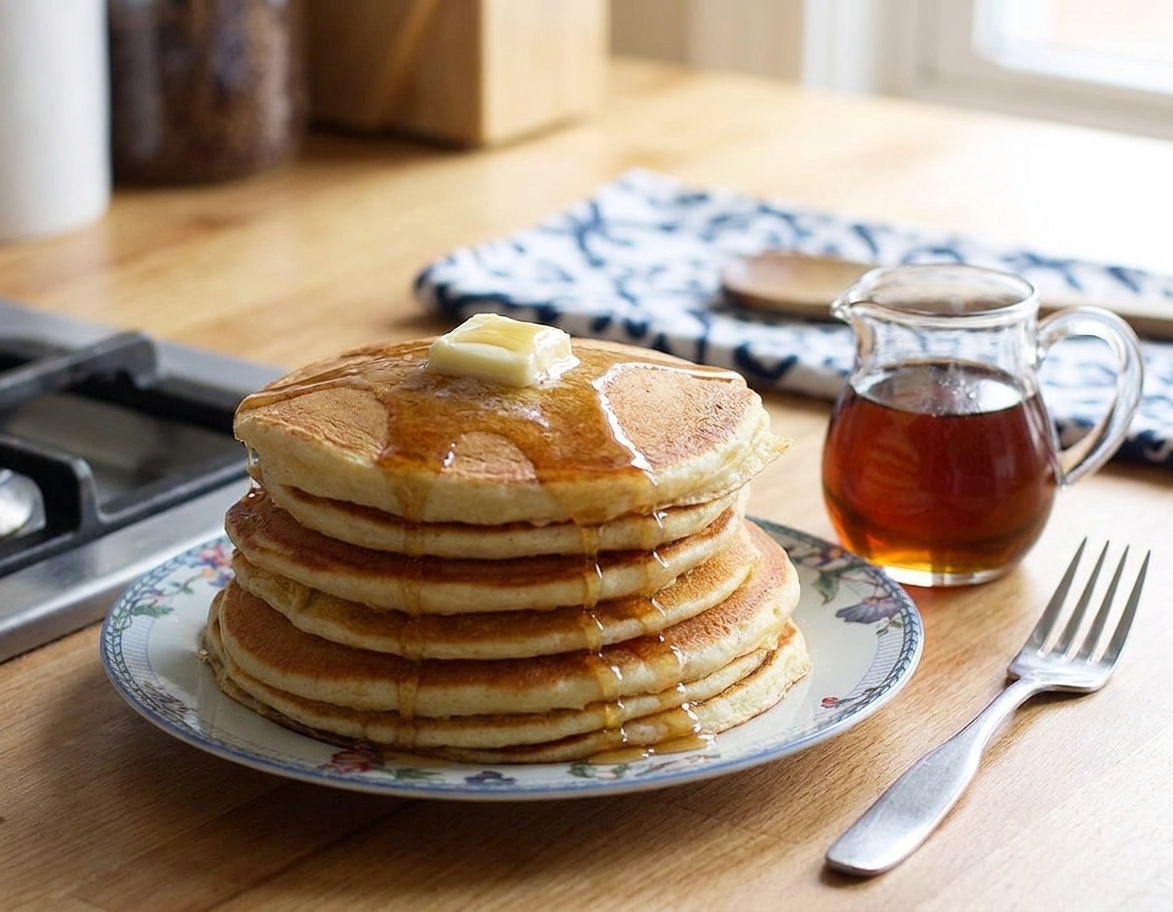 A plated stack of buttermilk pancakes topped with a pat of butter, with a fork and a small pitcher of maple syrup on the table