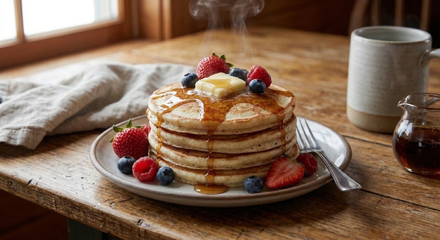 A plated stack of buttermilk pancakes with butter and syrup, served with berries on a simple breakfast table setting