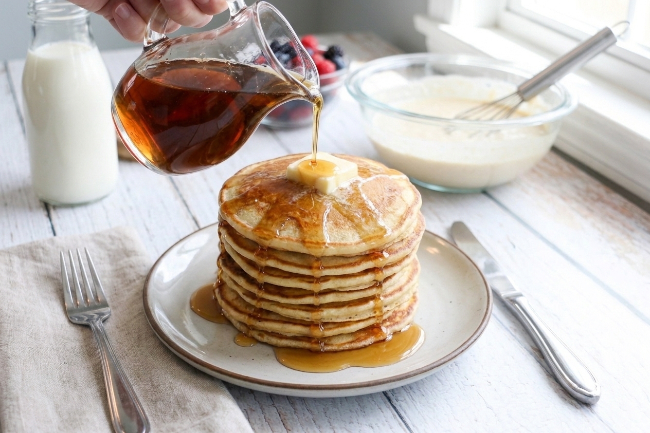 A plated stack of gluten-free pancakes being drizzled with maple syrup at a breakfast table