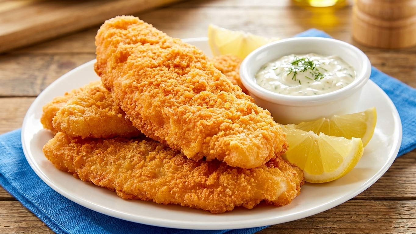 A plated stack of golden beer battered fish with crisp edges, lemon wedges, and a small bowl of tartar sauce on a simple wooden table setting