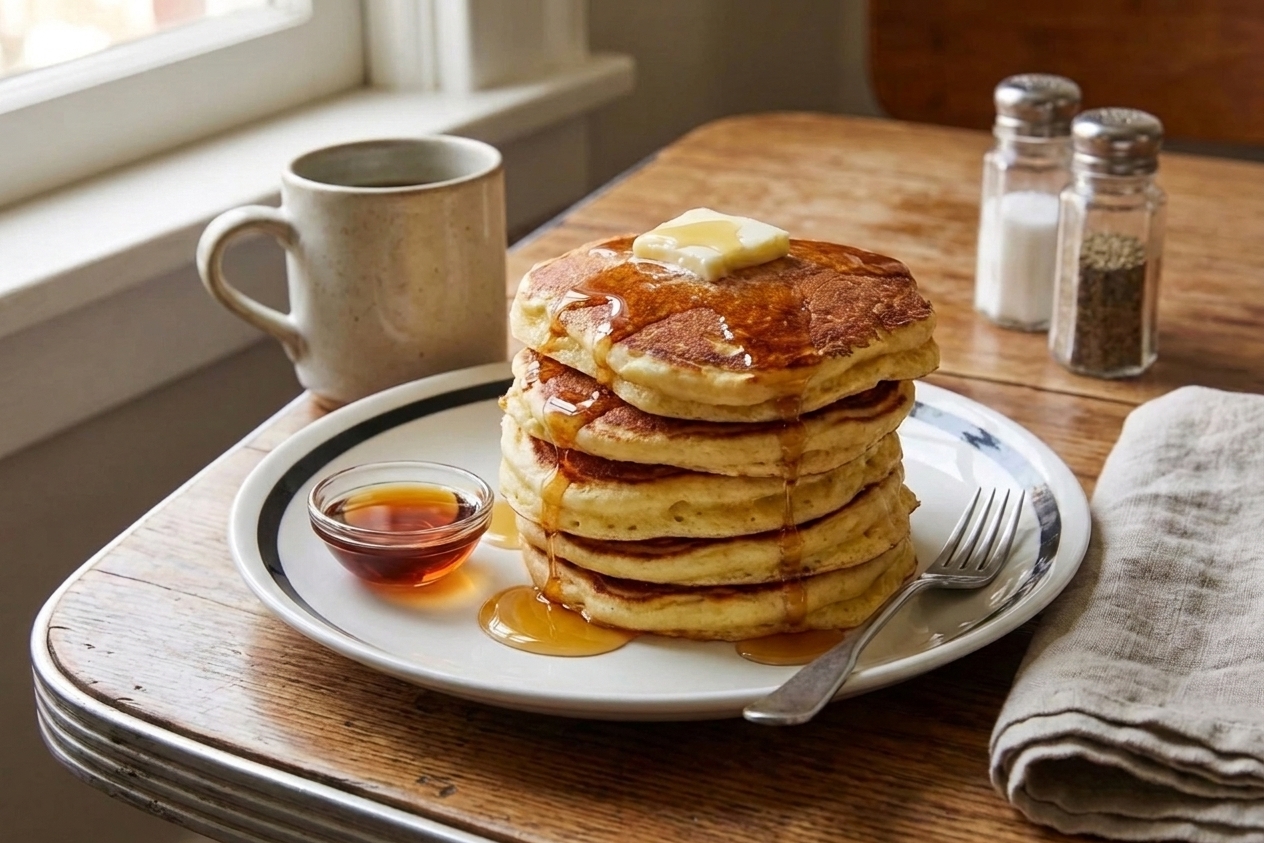 A plated stack of golden pancakes with melted butter and maple syrup on a simple white plate at a breakfast table