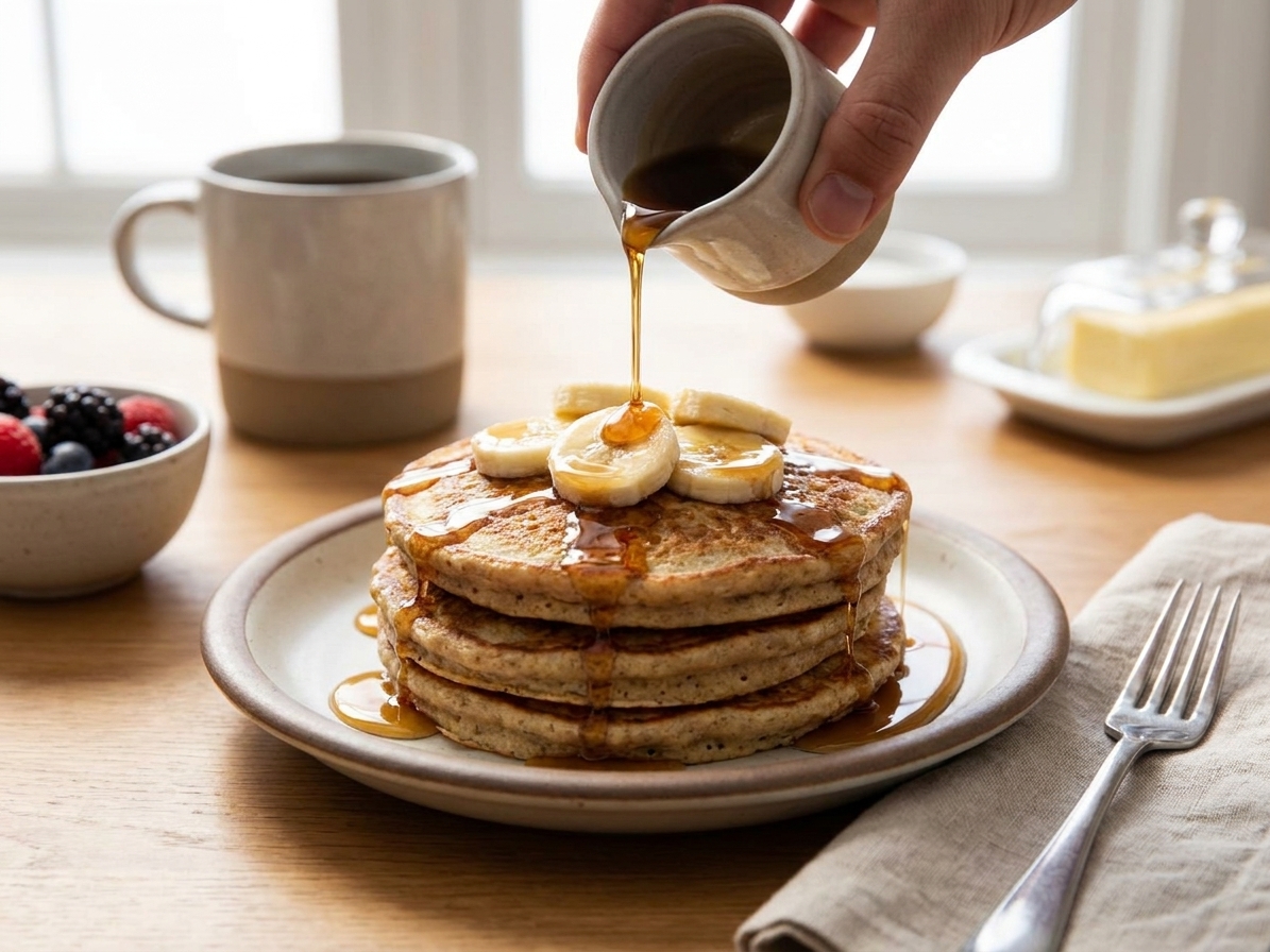A plated stack of oatmeal pancakes topped with sliced bananas and a drizzle of maple syrup on a simple breakfast table setting