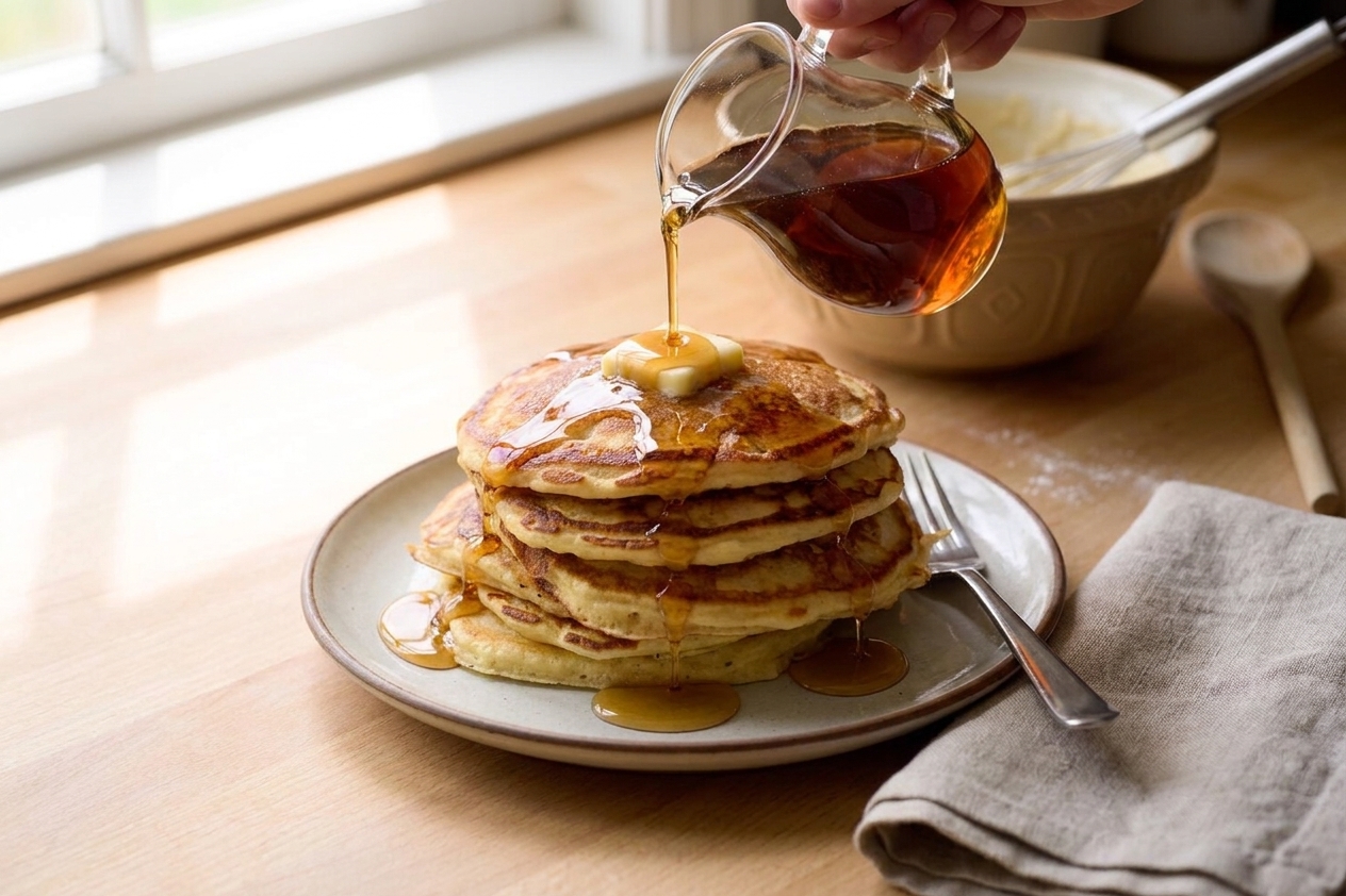 A plated stack of pancakes with syrup being poured over the top on a kitchen table with a fork and napkin nearby