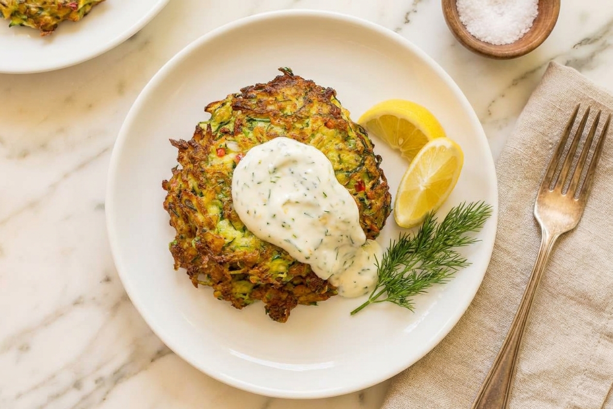 A plated stack of zucchini fritters with a spoonful of lemon yogurt sauce and lemon wedges on the side on a simple dinner table