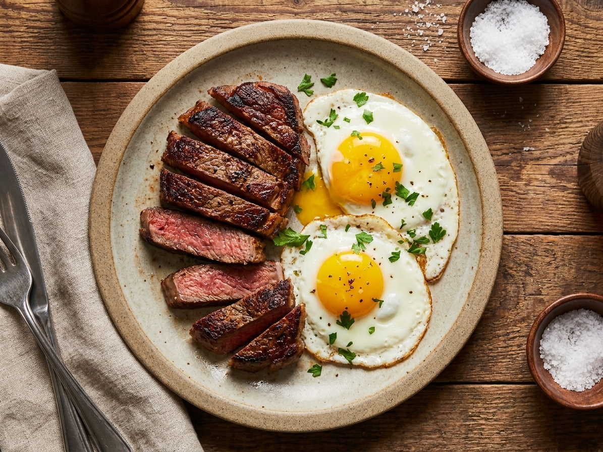 A plated steak and eggs breakfast with sliced steak, two fried eggs, and a simple green garnish on a stoneware plate at a wooden table