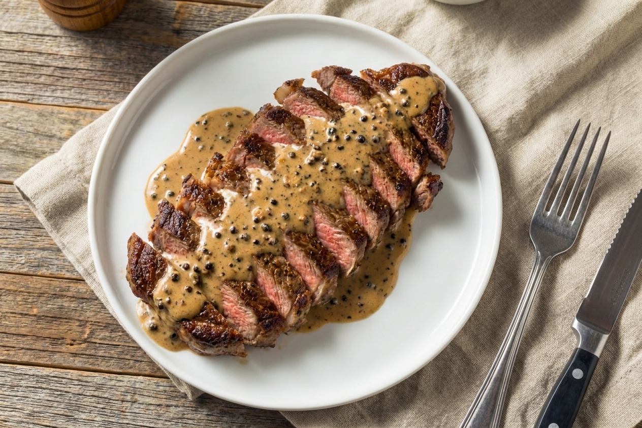 A plated steak au poivre sliced and fanned on a white plate with creamy peppercorn sauce spooned over the top, set on a simple wooden table with a linen napkin