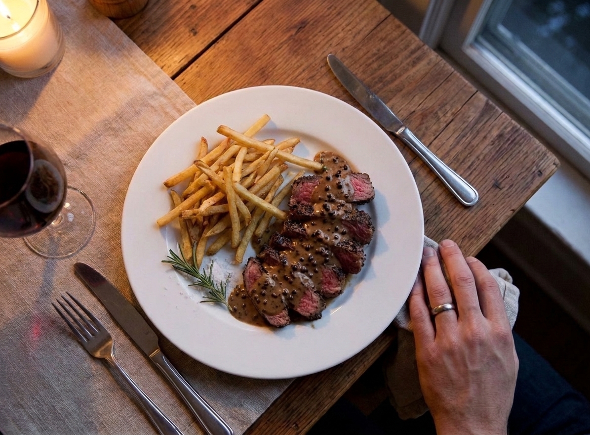 A plated steak au poivre sliced and fanned out, coated in creamy peppercorn sauce, with a simple side of fries on a warm dinner table