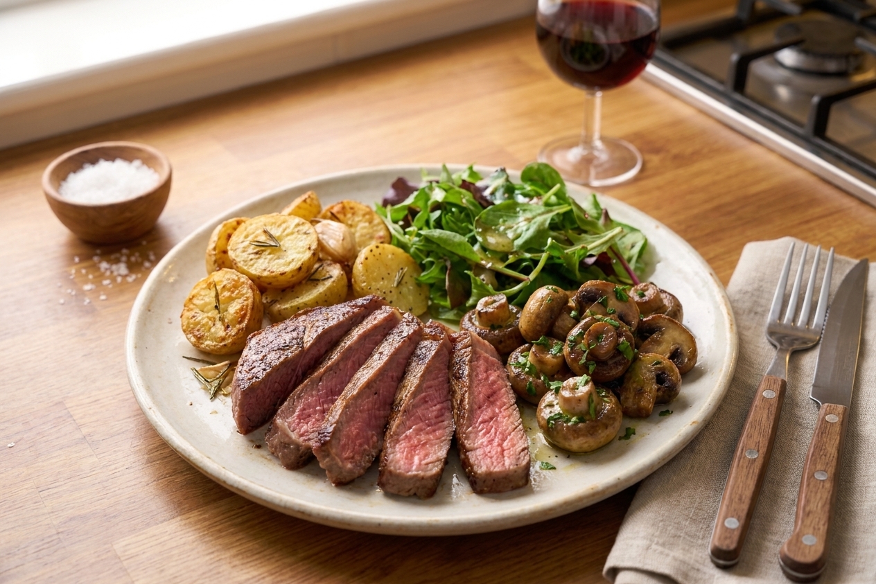 A plated steak dinner with crispy roasted potatoes, garlic butter mushrooms, and a fresh green salad on a simple ceramic plate