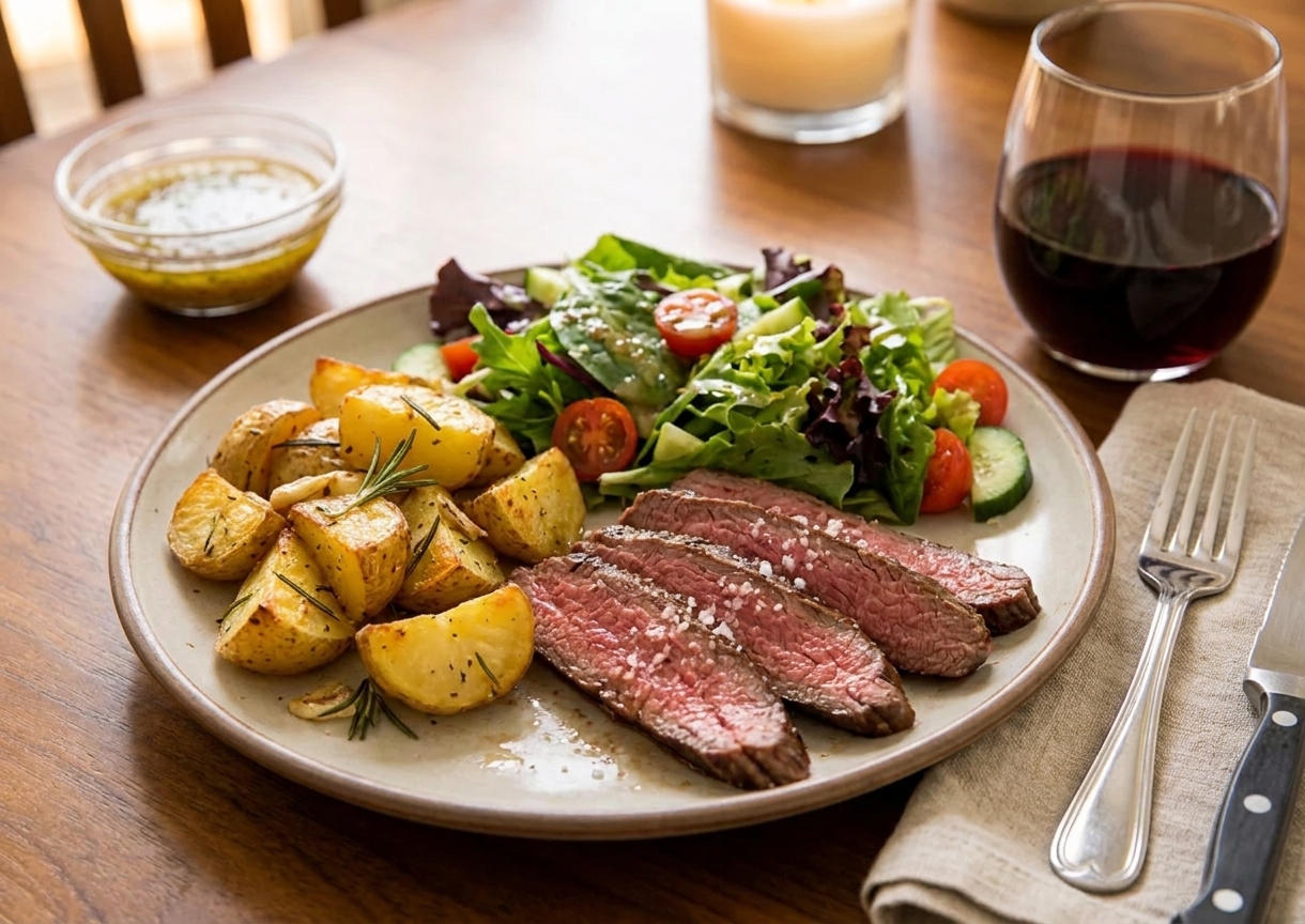 A plated steak dinner with roasted potatoes and a green salad on a warmly lit dining table