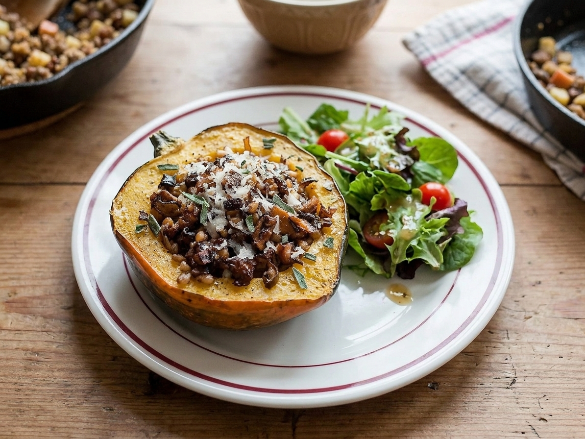 A plated stuffed acorn squash half on a white dinner plate with a simple green salad on the side on a wooden table