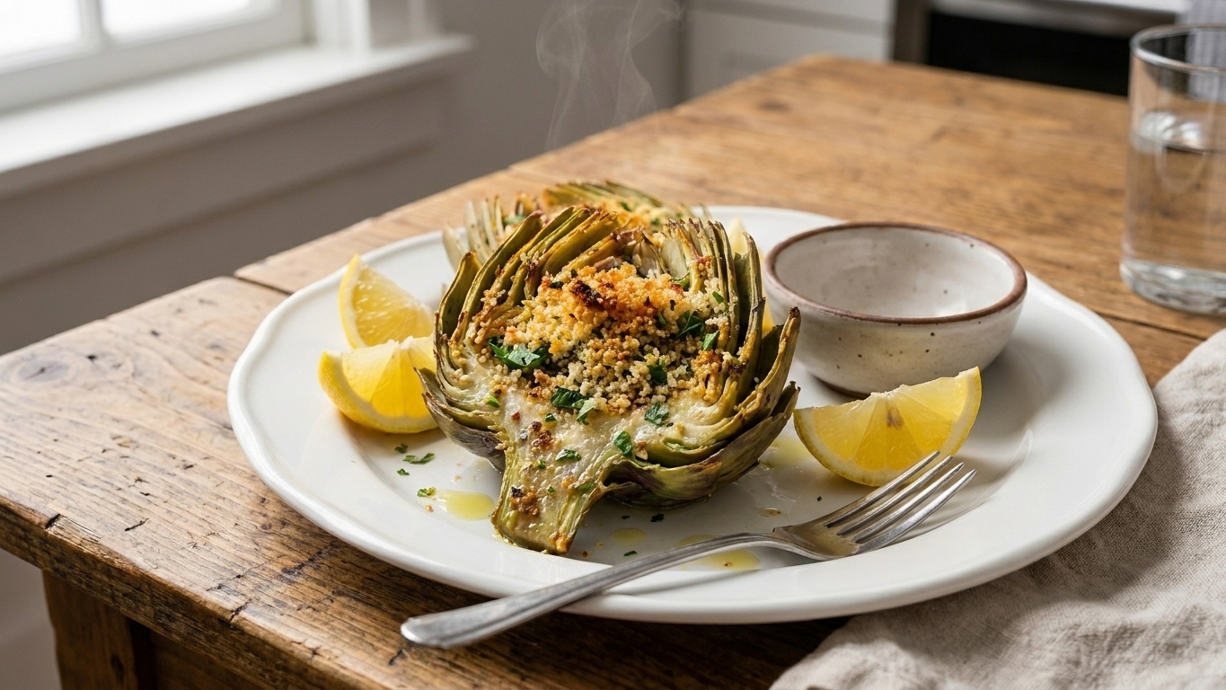 A plated stuffed artichoke with crisp breadcrumb topping, lemon wedges, and a small bowl for discarded leaves on a dinner table