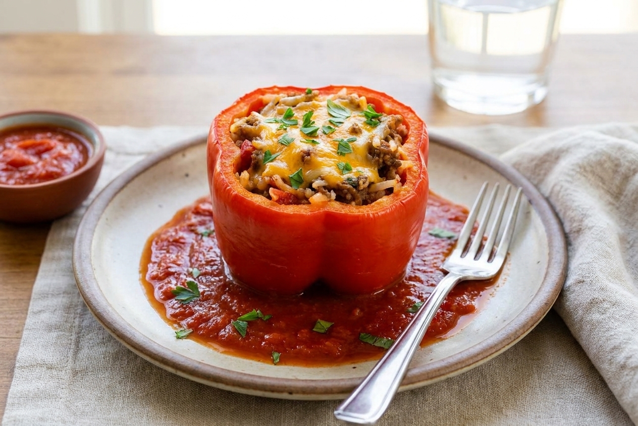 A plated stuffed bell pepper topped with herbs, with extra tomato sauce on the plate and a fork on a simple dinner table