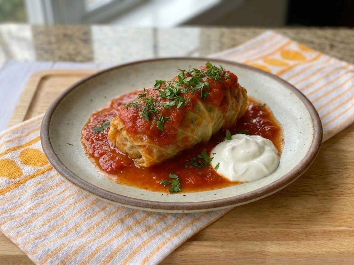 A plated stuffed cabbage roll covered in tomato sauce with a spoonful of sour cream on the side and a sprinkle of fresh herbs