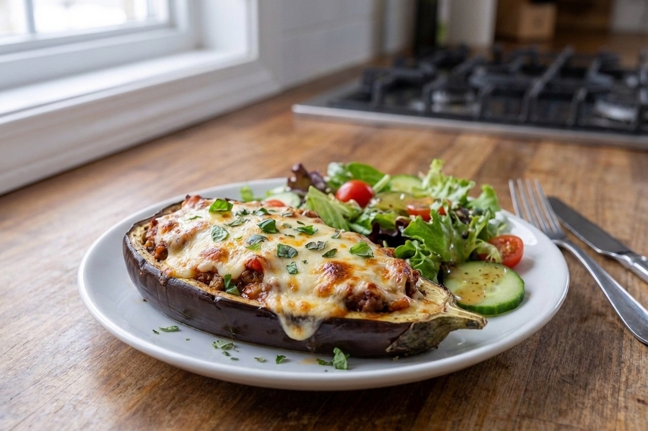A plated stuffed eggplant half topped with melted cheese and herbs, served with a simple green salad on the side