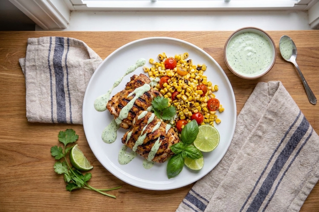 A plated summer dinner of grilled chicken thighs with charred corn, cherry tomatoes, and a drizzle of green herb sauce on a white plate on a bright kitchen table