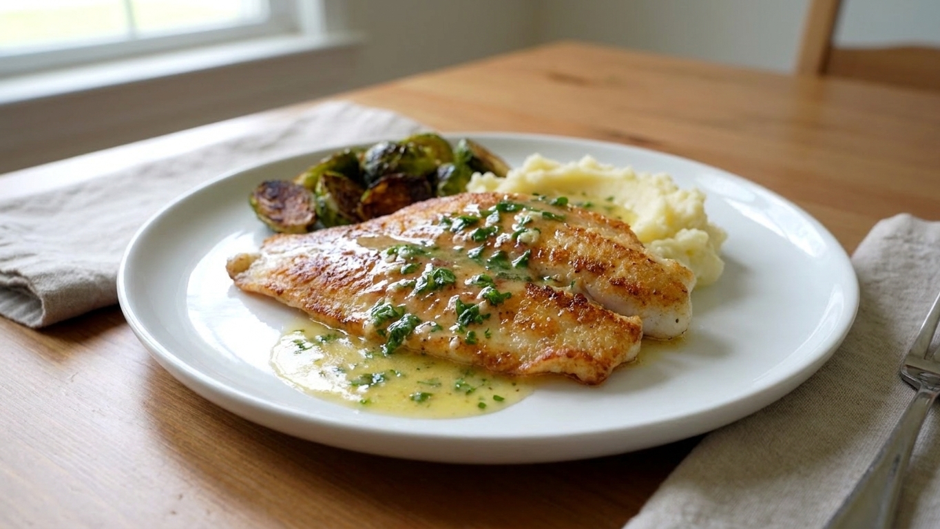 A plated swai fillet with a crisp golden crust, spooned with glossy lemon butter sauce and sprinkled with parsley on a white plate at a simple dinner table