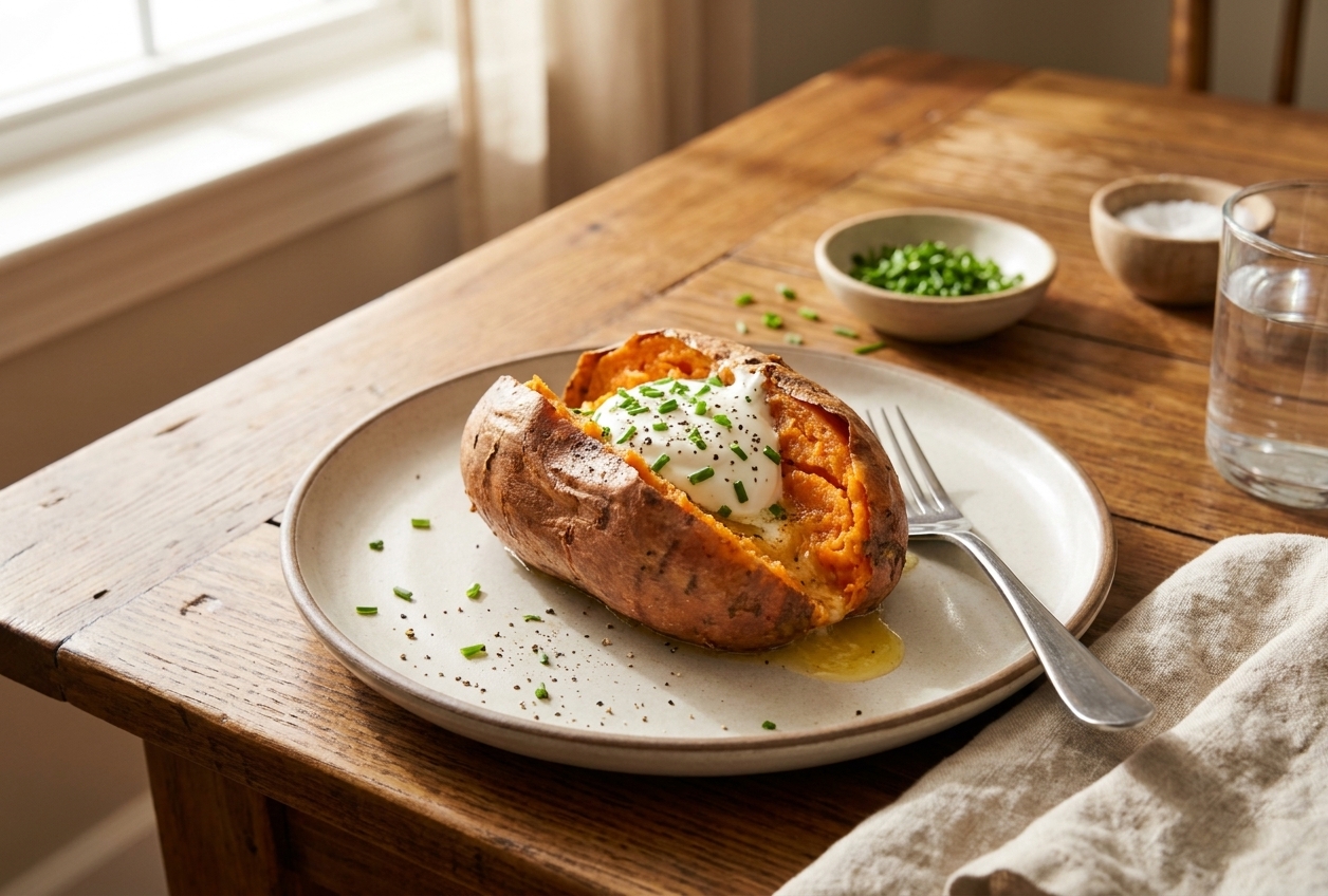 A plated sweet potato baked potato with toppings on a wooden dinner table set with simple plates and forks
