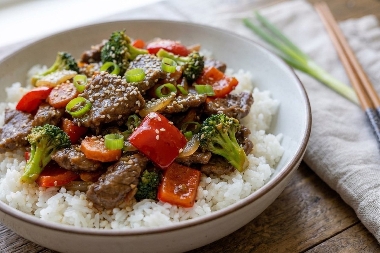 A plated teriyaki beef stir-fry over white rice topped with sesame seeds and sliced green onions on a simple dinner table setting