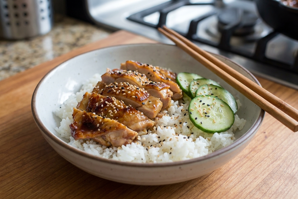 A plated teriyaki chicken rice bowl with steamed rice, sliced cucumbers, and sesame seeds on a wooden table