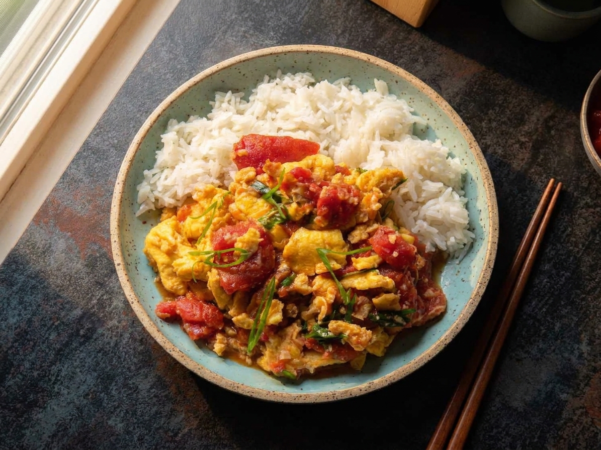 A plated tomato and egg stir-fry with fluffy scrambled eggs and glossy stewed tomatoes, served over white rice on a simple ceramic plate at a warmly lit kitchen table