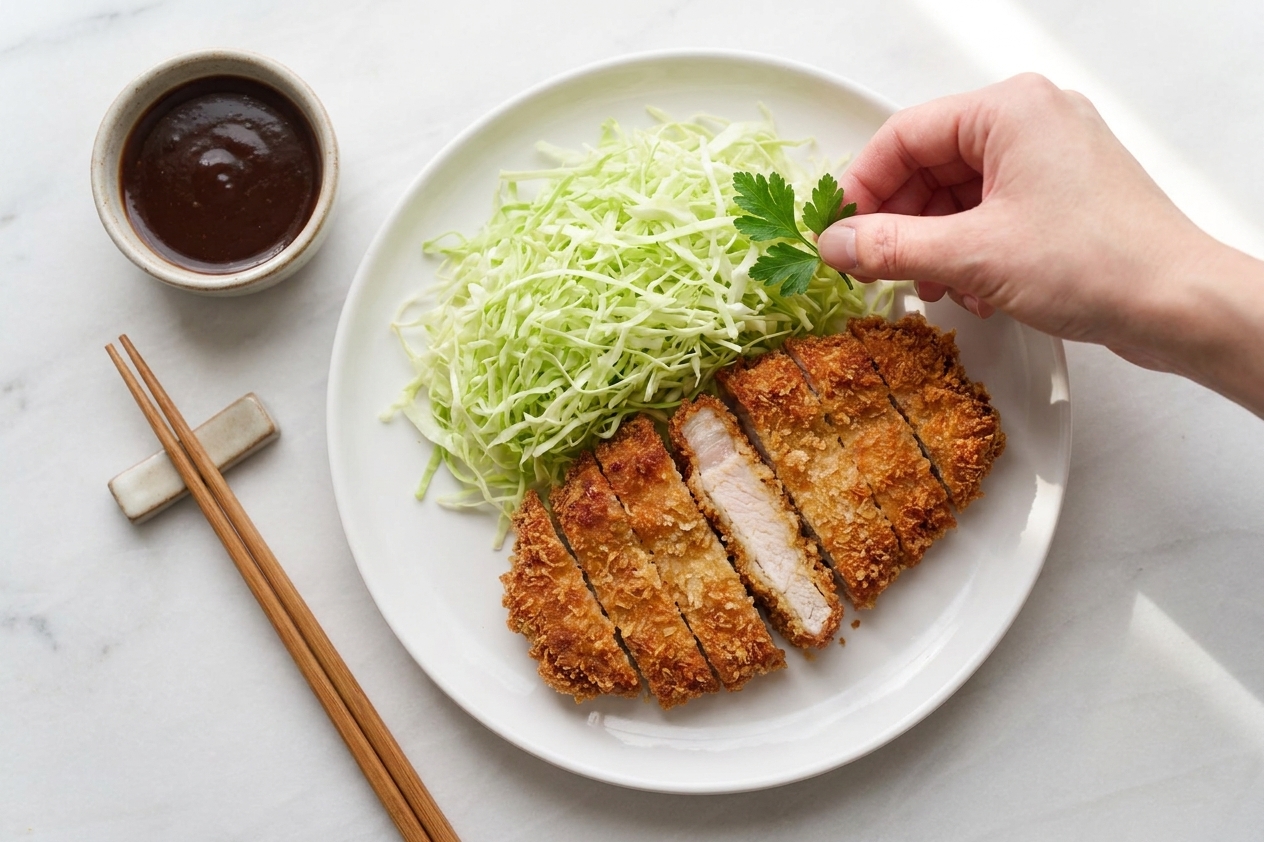 A plated tonkatsu meal with shredded cabbage and a small ramekin of katsu sauce on the side