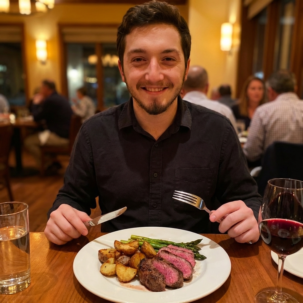A plated top sirloin steak dinner with sliced steak, roasted potatoes, and green vegetables on a white plate, realistic dinner photograph